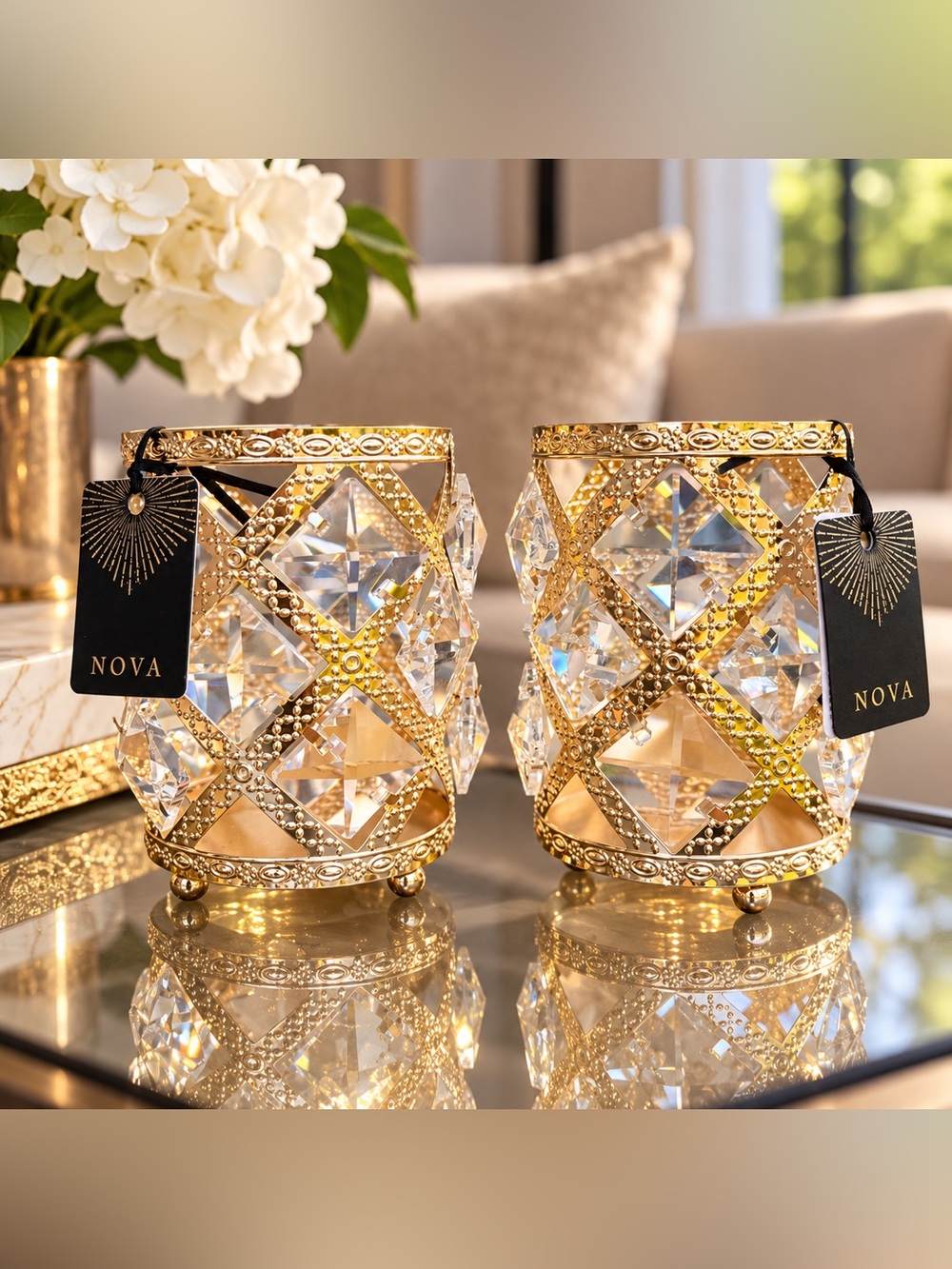 Gold Crystal Votive Candle Holders - Set of 2